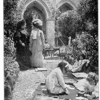 "Casa dei Bambini" in via Giusti (Roma). I bambini lavorano in giardino, sotto gli occhi dei visitatori (Donna Maria Maraini Guerrieri Gonzaga) [Montessori con la marchesa Maria Maraini Guerrieri Gonzaga presso la Casa dei Bambini nel Convento delle Suore Francescane Missionarie di Maria, primi anni Dieci] - M. Montessori, <i>Il metodo della pedagogia scientifica applicato all’educazione infantile nelle Case dei Bambini</i>, Roma, Ermanno Loescher &amp; C., 1913.$$$23