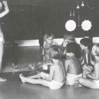 Children playing music in the playroom. Note the musical instruments on the wall [Municipal Montessori Nursery in the Goethehof, Schüttaustrasse, Vienna, 1930-1932] - T. Müller, R. Schneider, <em>Lehrmaterialien 1913-1935. Möbel und Architektur. Techning Meterials 1913-1935. Furniture and Architecture</em>, München, Prestel Verlag, 2002, p.74$$$401