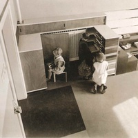 City-run Montessori nursery in the Goethehof, Schüttaustrasse, Vienna, 1930-32. Architects: Atelier Franz Singer Children by the cupboards in which their personal belongings are kept - T. Müller, R. Schneider, <em>Lehrmaterialien 1913-1935. Möbel und Architektur. Techning Meterials 1913-1935. Furniture and Architecture</em>, München, Prestel Verlag, 2002, p.14.$$$366